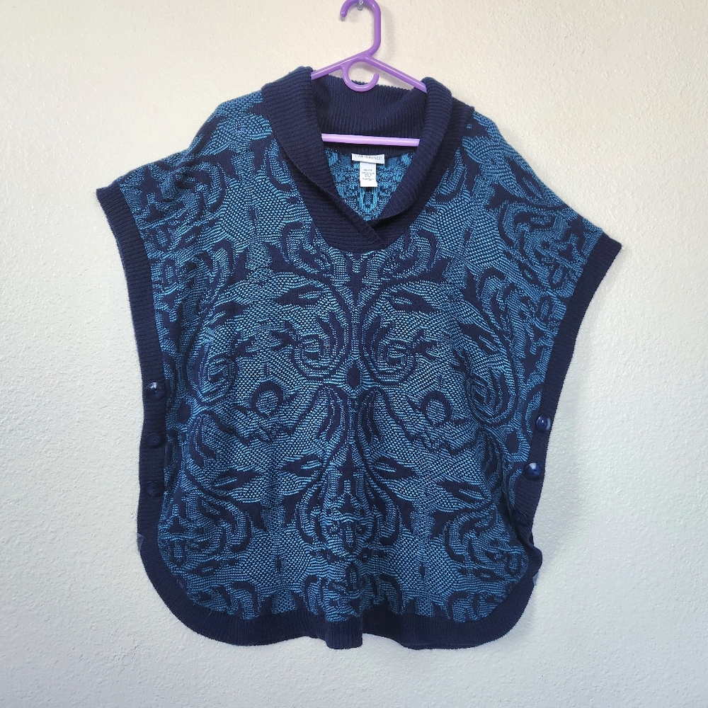 🔥Catherines Teal Navy Poncho Sweater Size 0X/1X Shawl Collar Button Sides